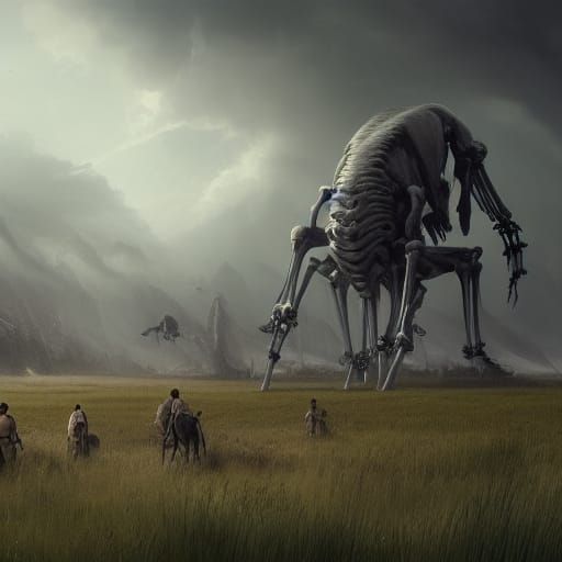 Colossal Skeleton in Grassy Plains, Dark Fantasy Art