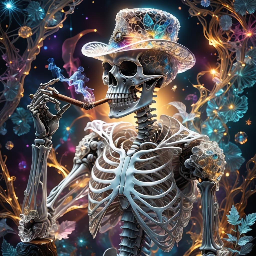 Crystal Skeleton Smoking Cigar in Magical CGI Art