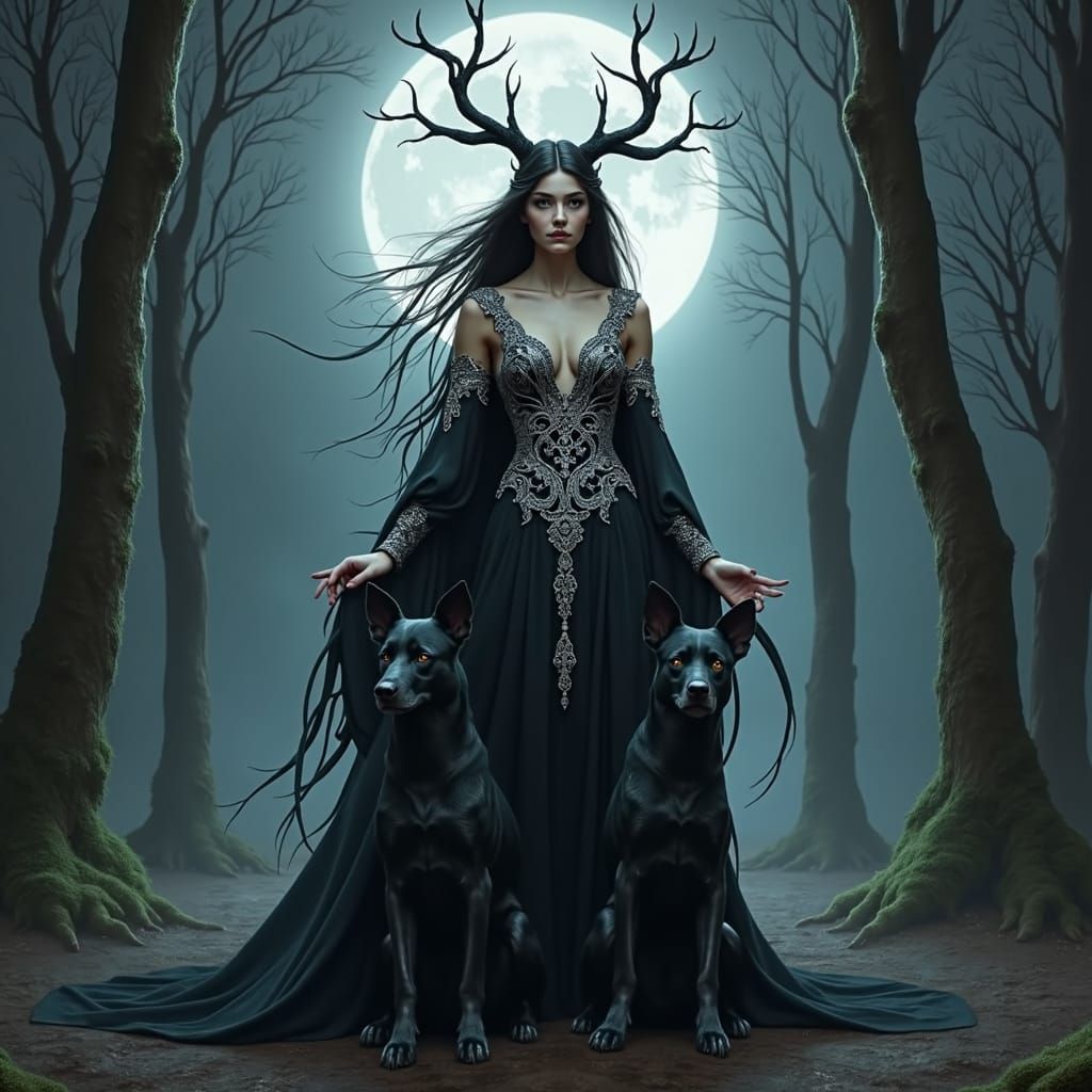Hecate with Black Dogs, in Dark Ethereal Style