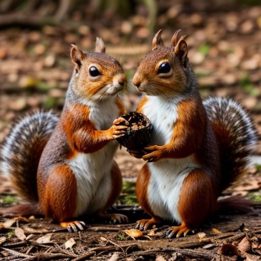 two squirrels playing chestnut wrangling,
