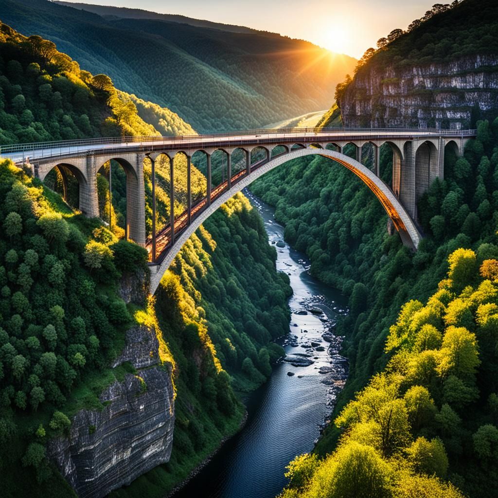 Sunset Over River Gorge With Bridge