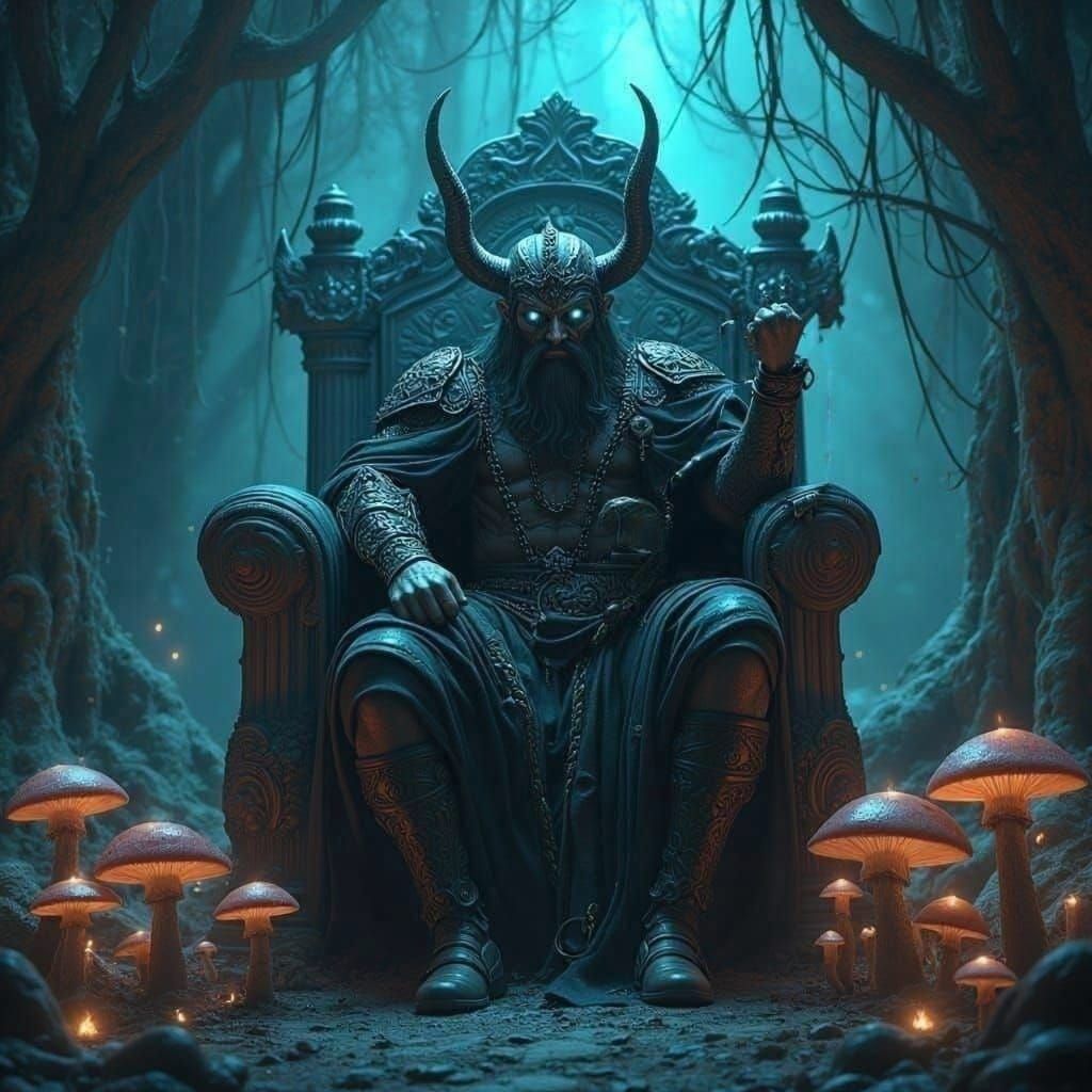 Hades and Cerberus in a Whimsical Fantasy Scene