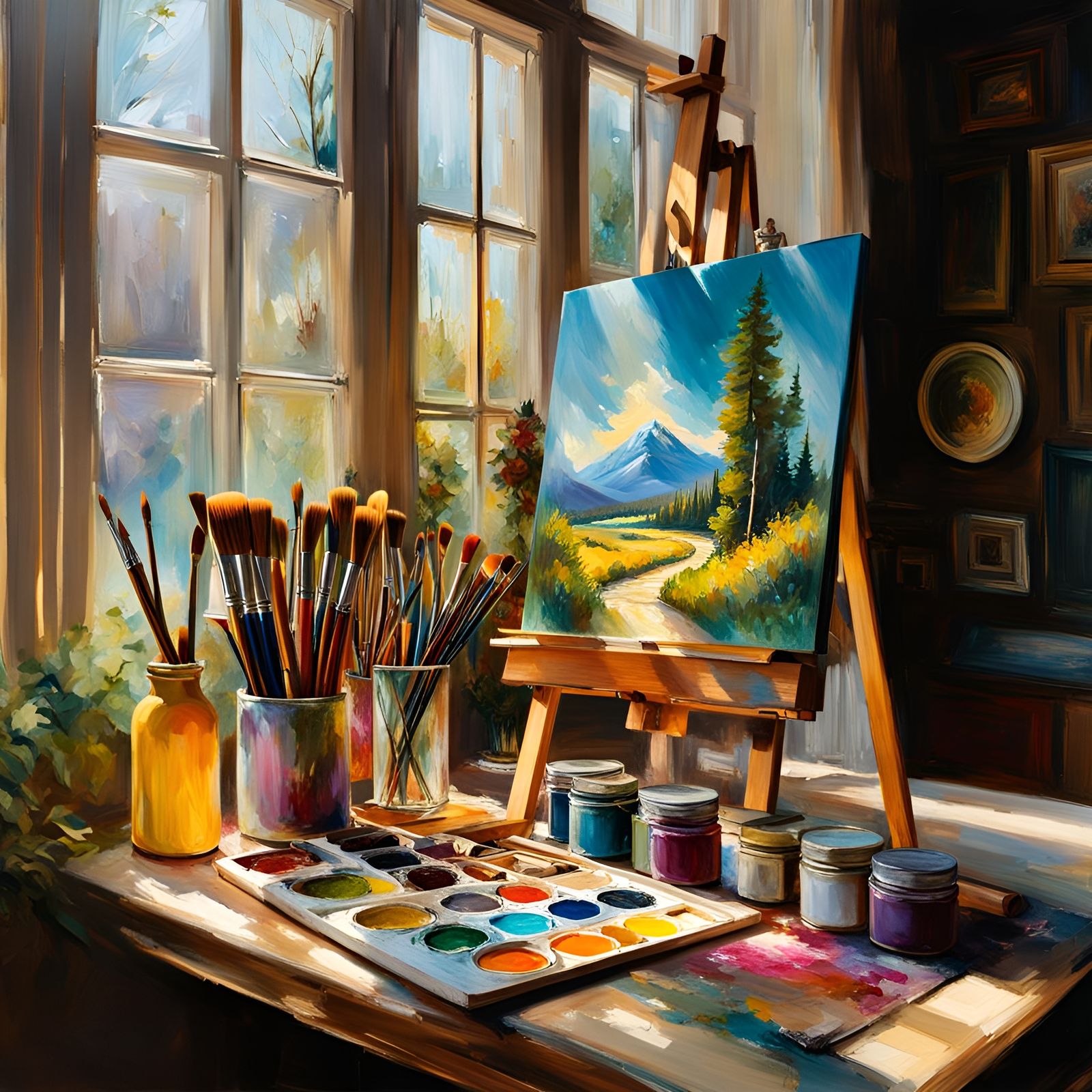 Sunny Still Life with Oil Paints and Brushes