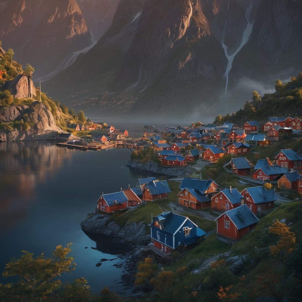Skrova Village Norway at Dusk: Fantasy Matte Painting