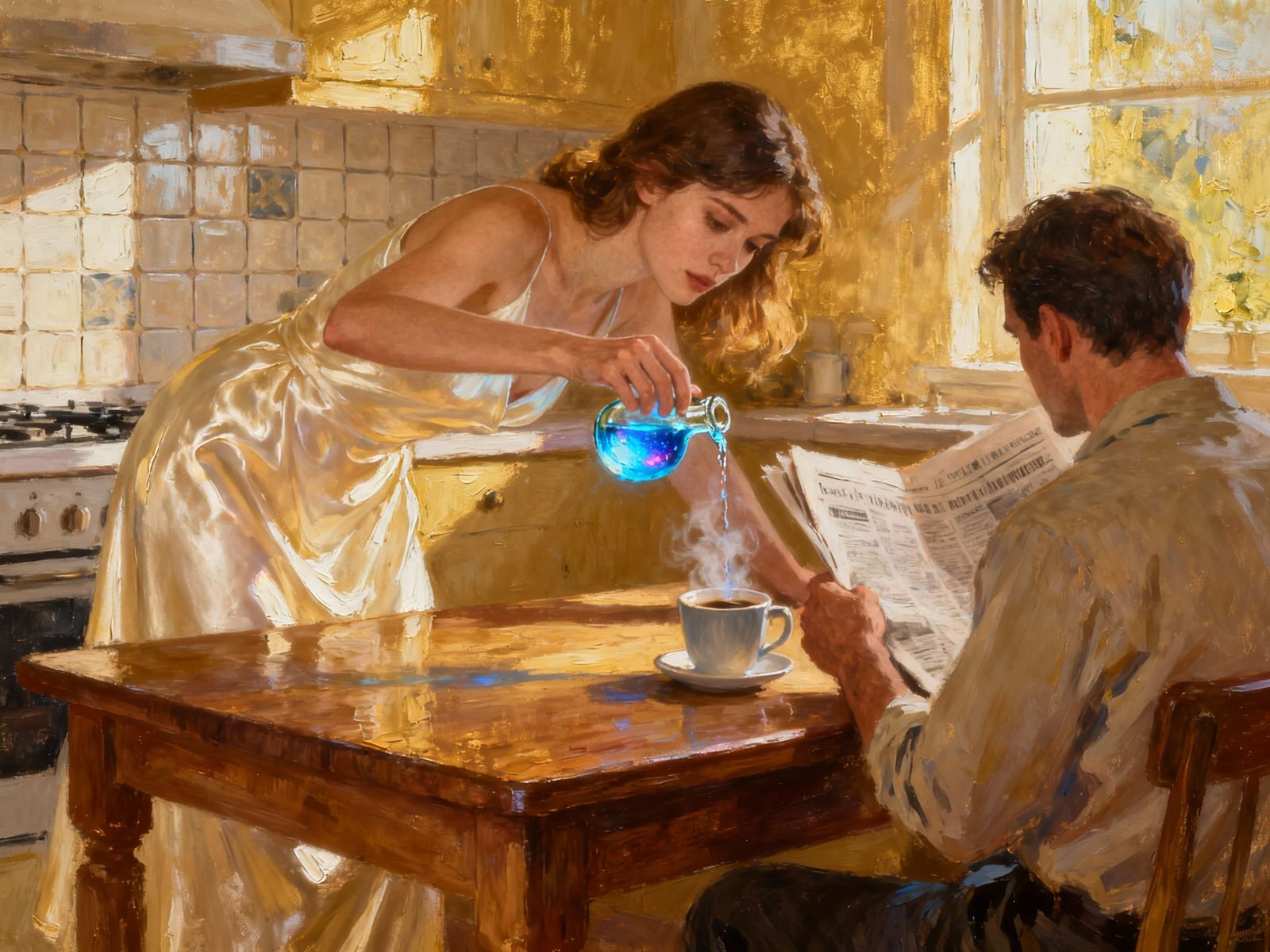 Young Woman Secretly Adds Potion to Coffee in Impasto Style