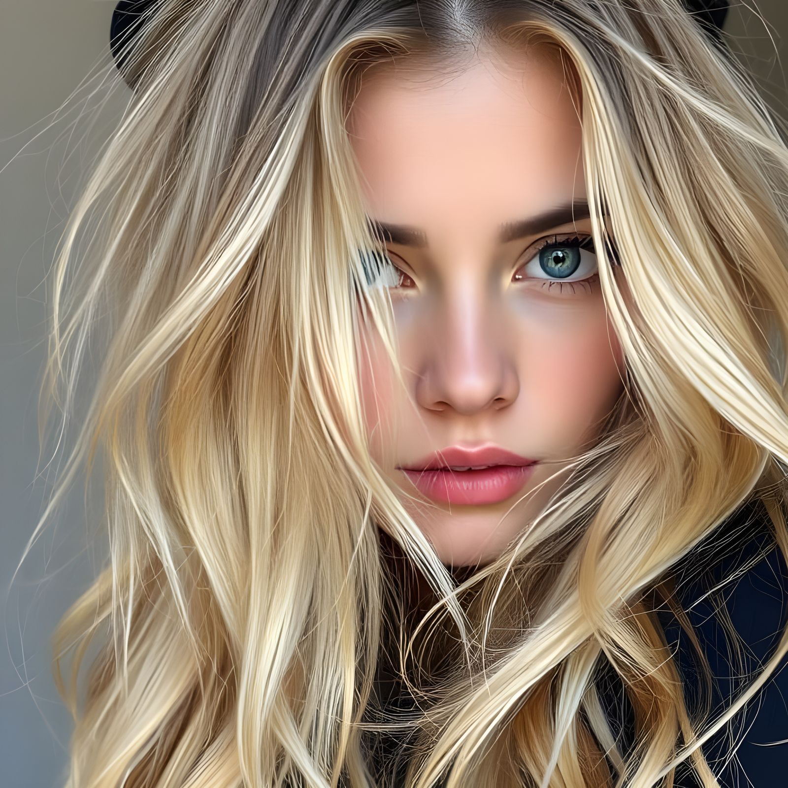 Alluring Blonde Woman Peeking Through Wavy Hair
