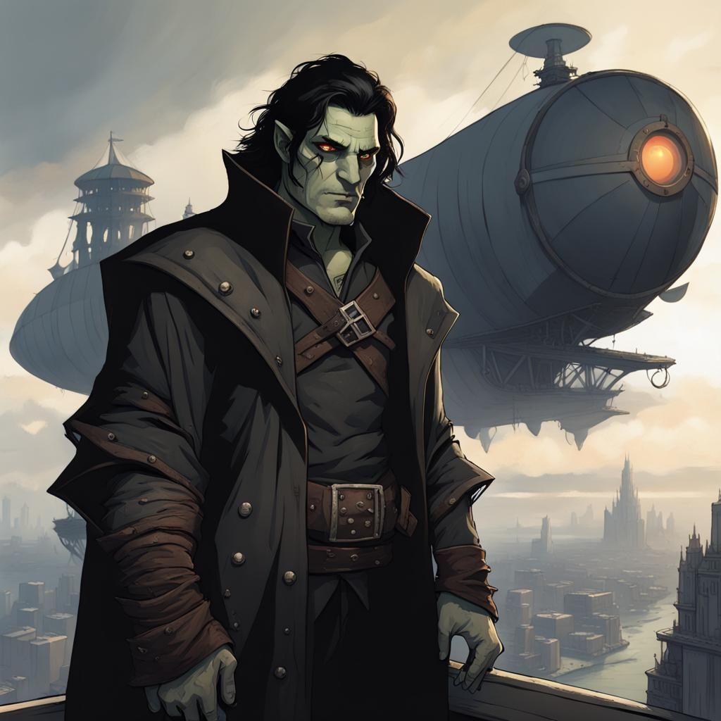 Sinister Half-Orc Overlooking City on the Horizon