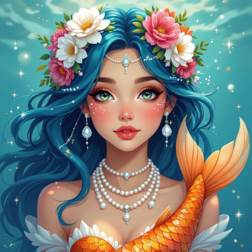 Koi Mermaid with Pearl Jewelry in Whimsical Style