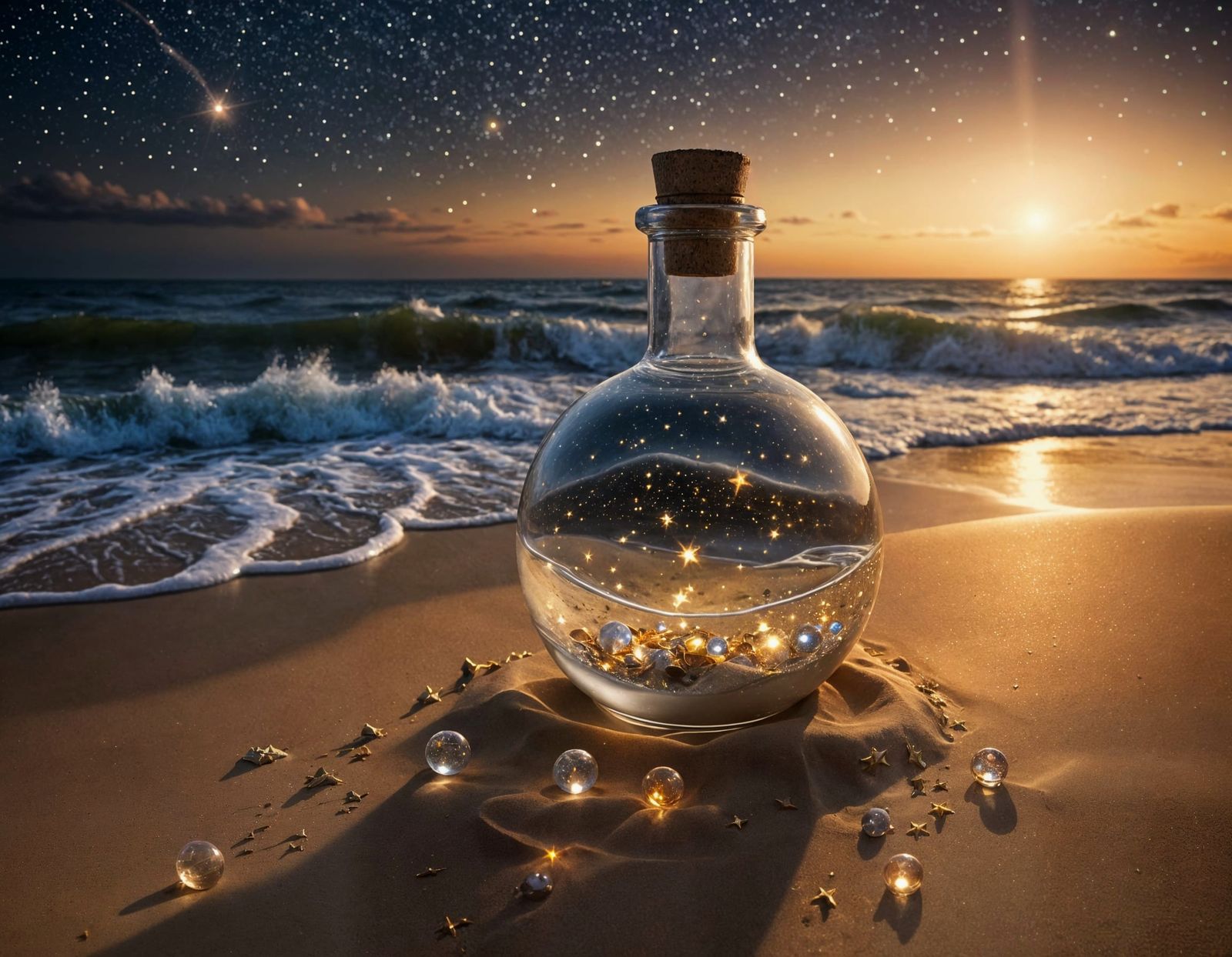 A large, transparent bottle lying gently on the sand beach with star sky