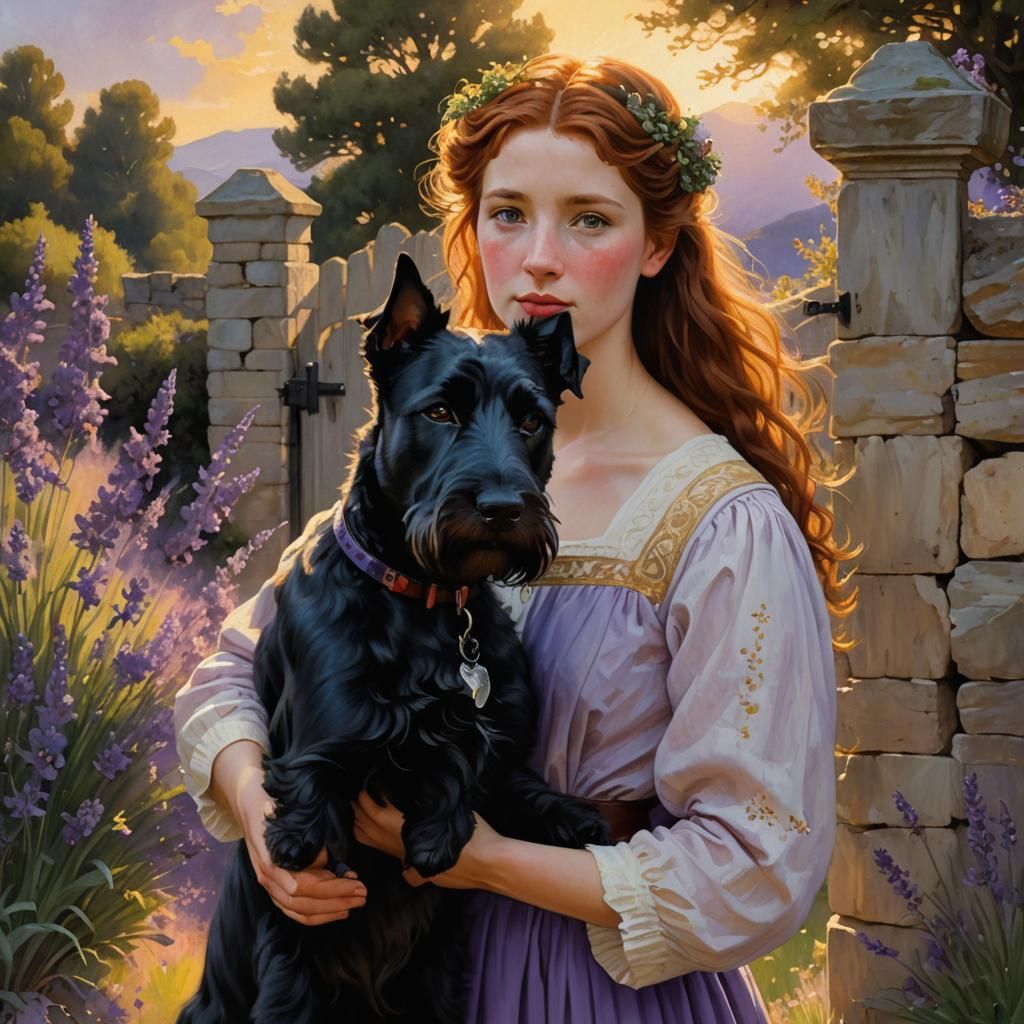 Auburn Beauty in Lavender Field: Art Nouveau Portrait