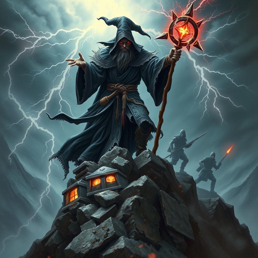 Dark Wizard Casting Spell Amidst Lightning Storm