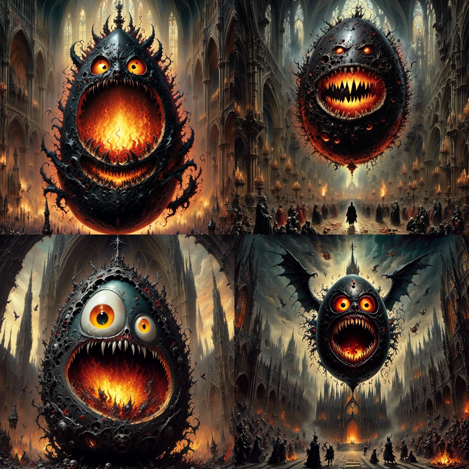 Gothic Flaming Egg with Fangs in Cathedral
