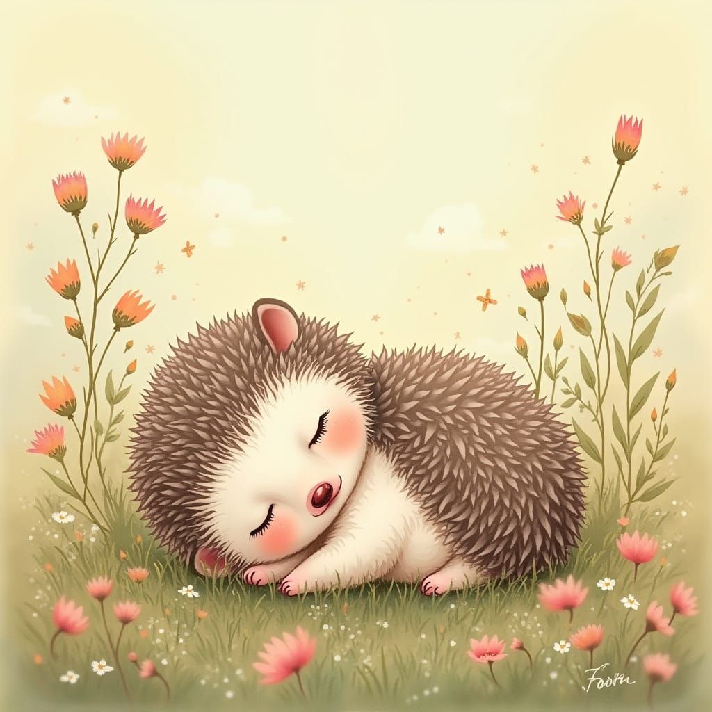 Baby Hedgehog Asleep in Wildflowers: Art Nouveau Style