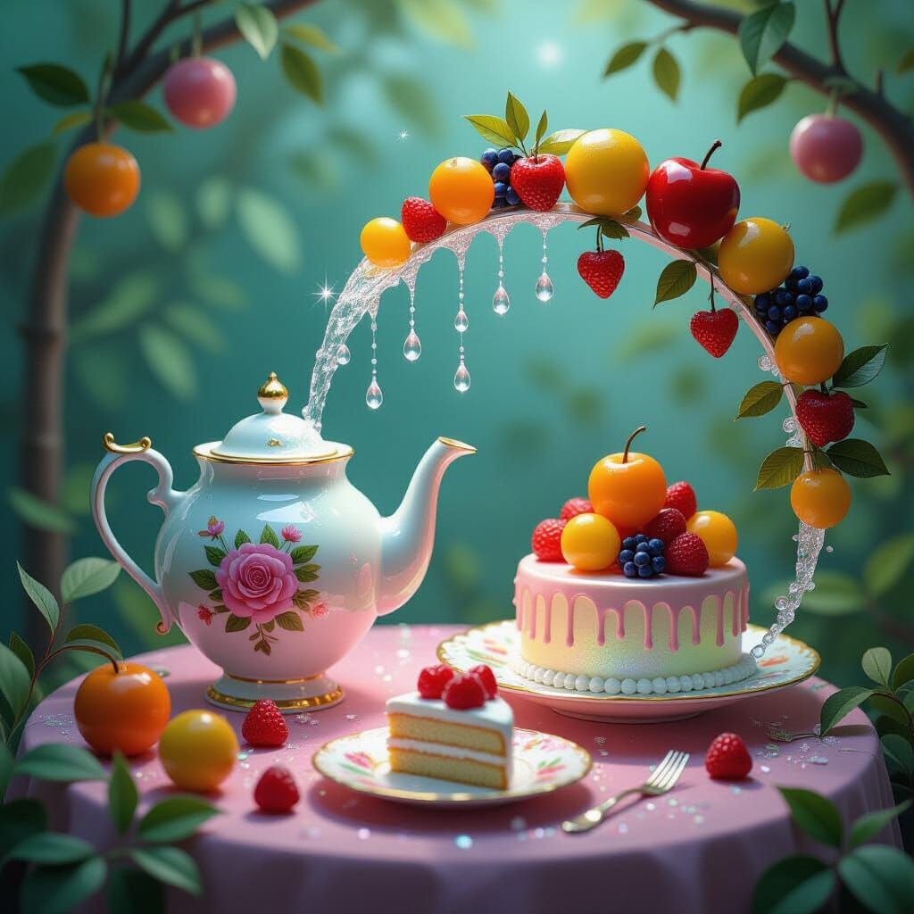 Enchanted Teapot Pours Levitating Fruits and Glowing Cake