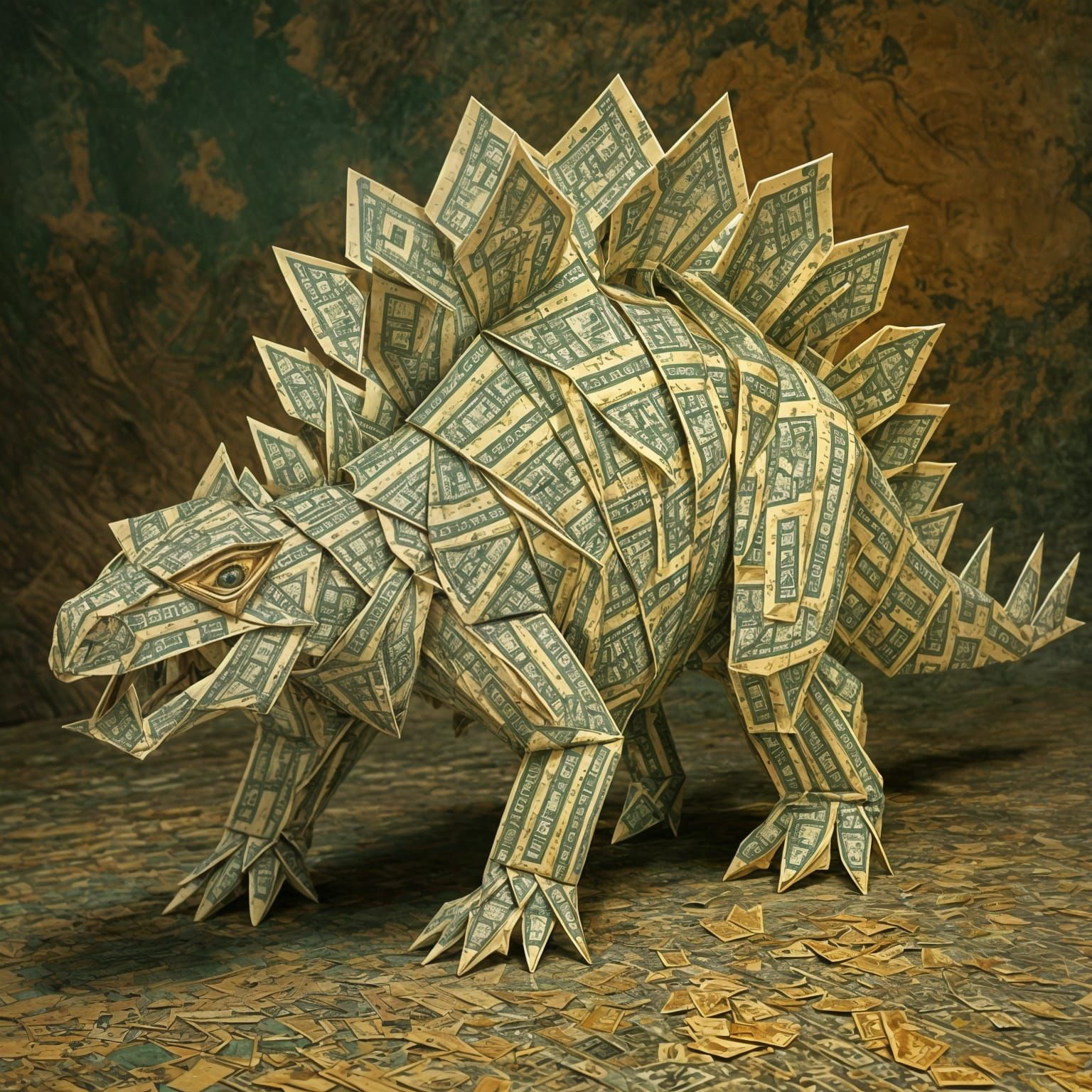 Origami Stegosaurus Made of Dollar Bills
