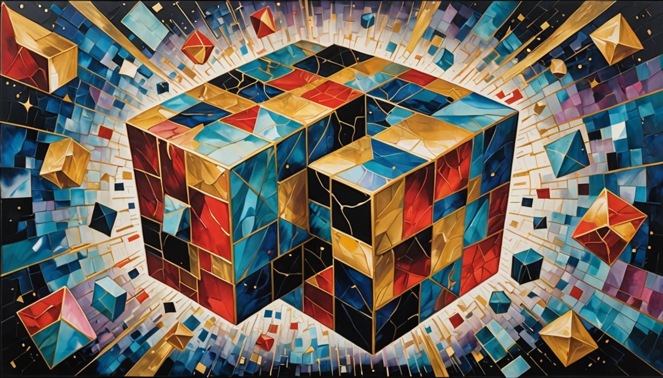Vibrant Shattered Cosmic Cube in Surrealist Style