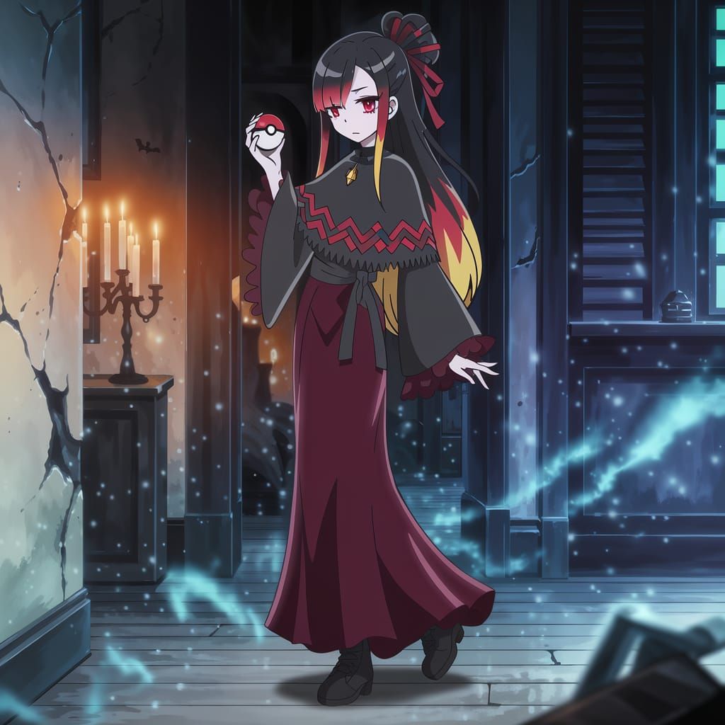 Gothic Anime Girl in Haunted Mansion with Pokéball