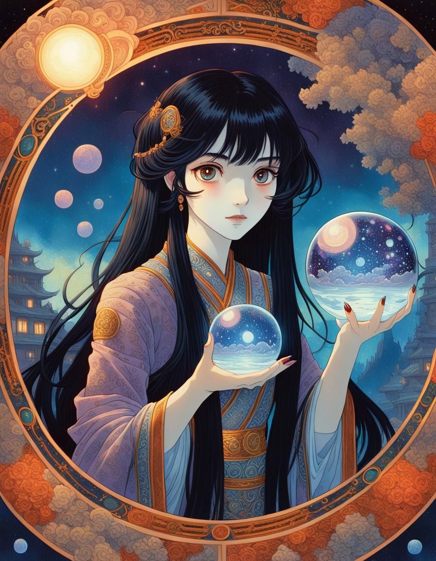 Anime Girl with Magic Orb in Sci-Fi Bilibin Style