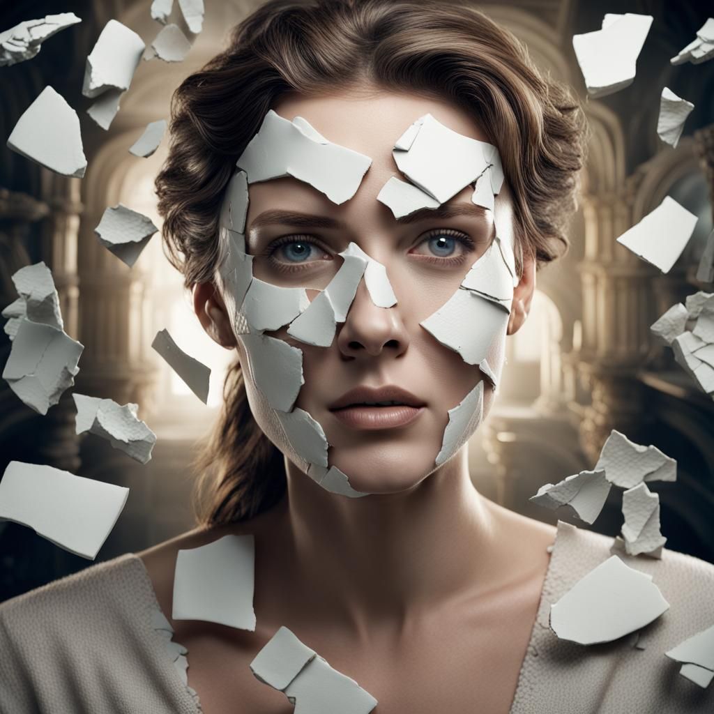 Photo of woman with porcelain broken face, Villeneuve, crack...