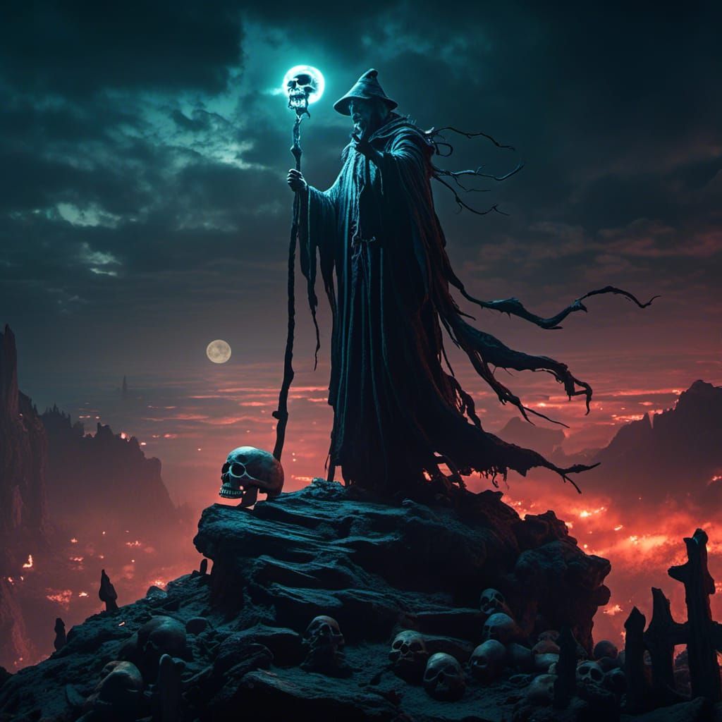 Wizard Conjuring Ghosts in Ethereal Dark Fantasy