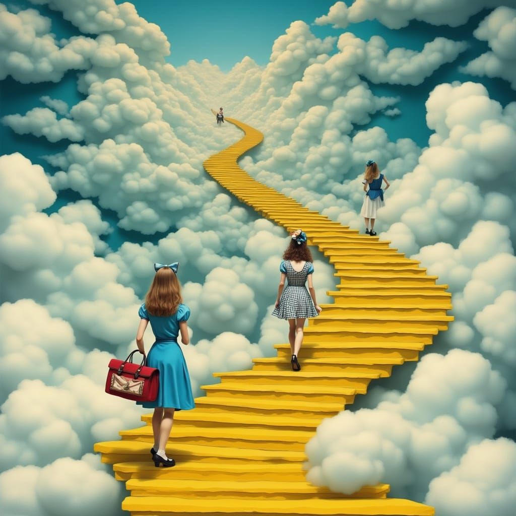 Alice, Dorothy, and Mad Hatter on a Surreal Staircase