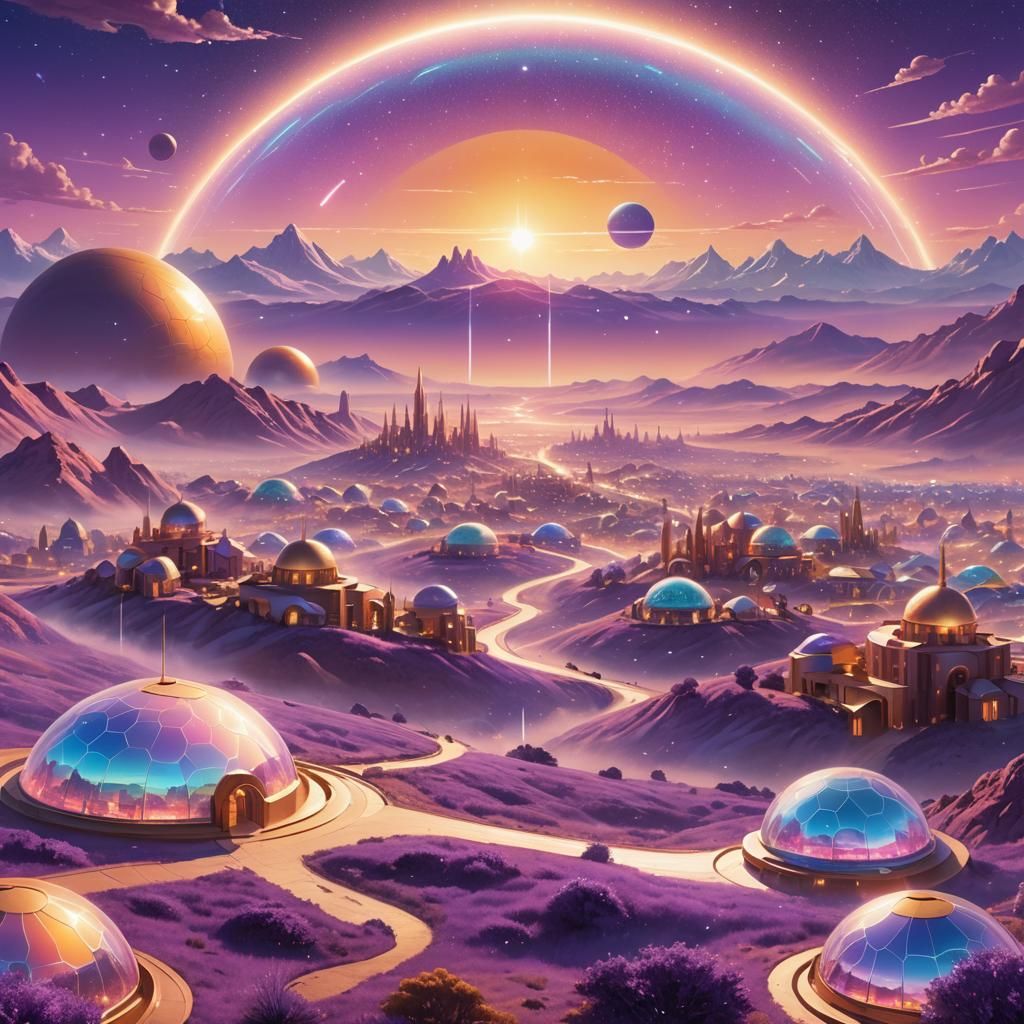 Futuristic Cityscape with Holographic Horizon, Digital Art