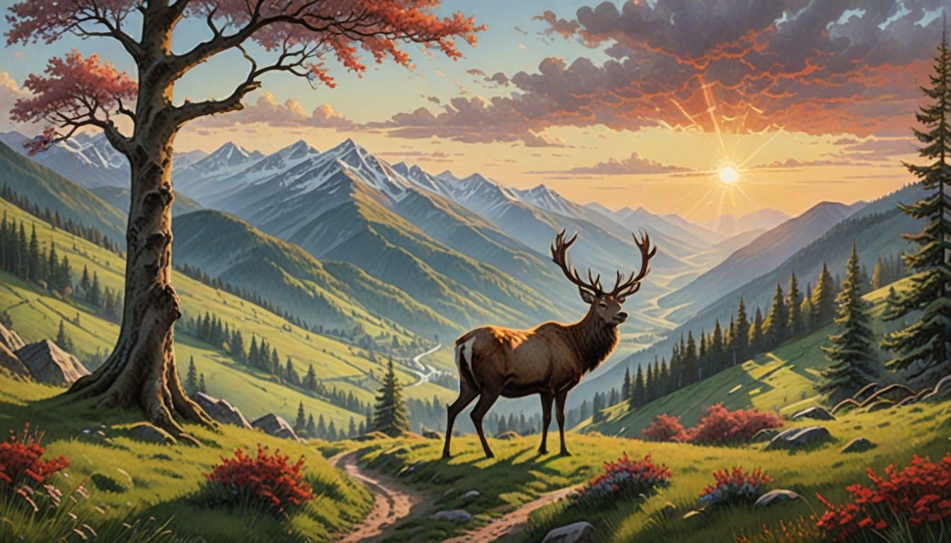 Springtime Carpathian Pass with Majestic Red Deer