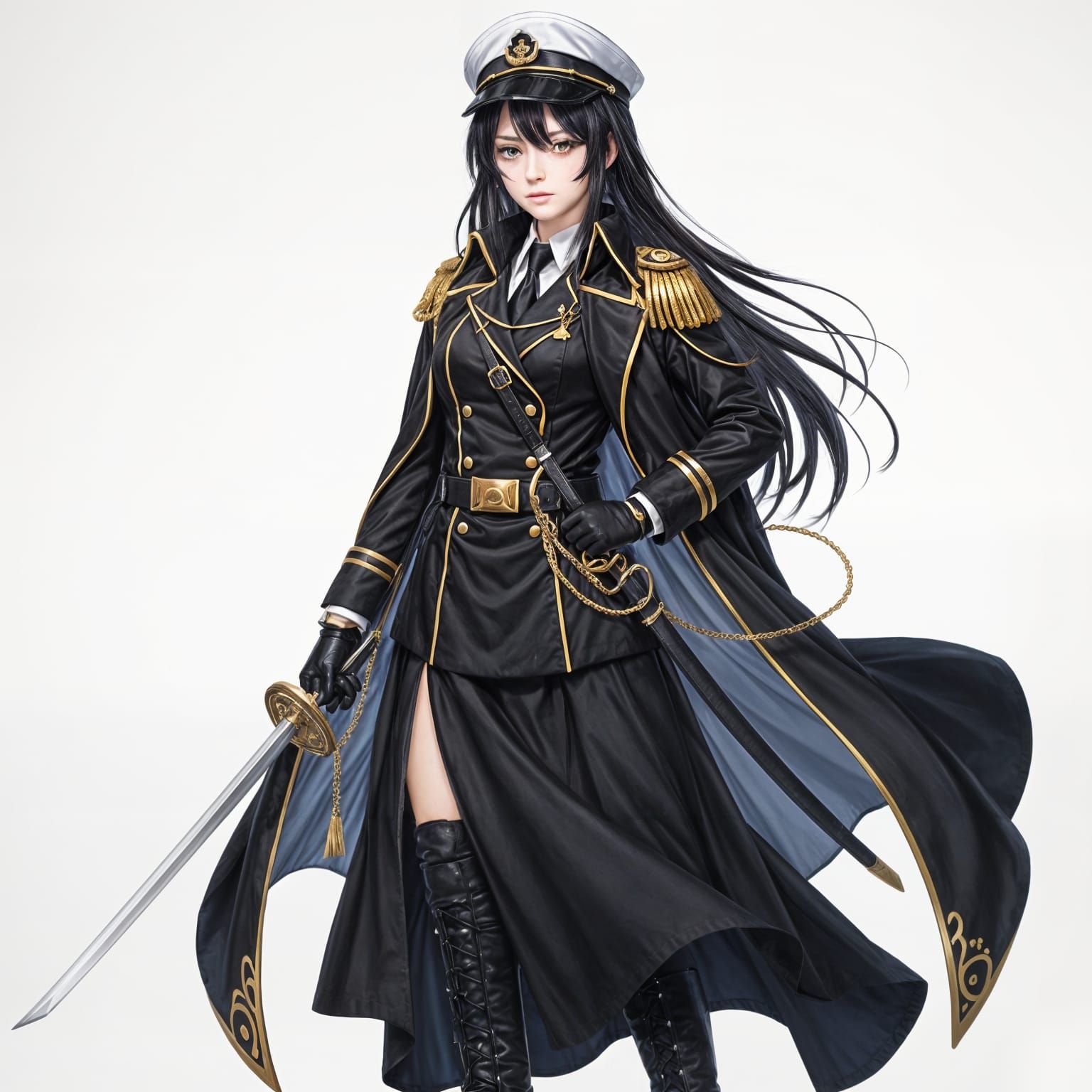Anime Female Admiral in Black Navy Uniform with Sword