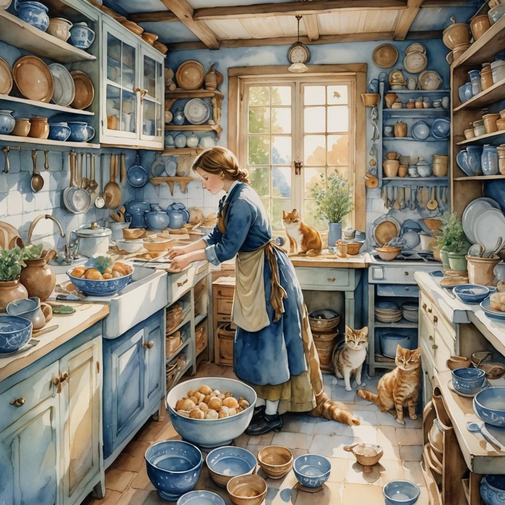 Cats in Kitchen Drawer: Whimsical Watercolor Art