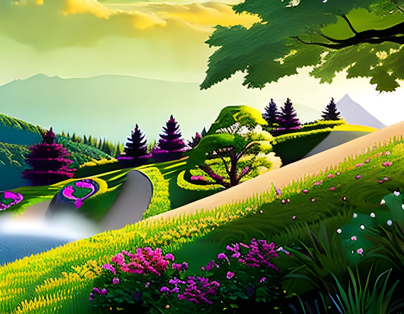 Moonlit Garden with Blooming Flowers in Watercolor