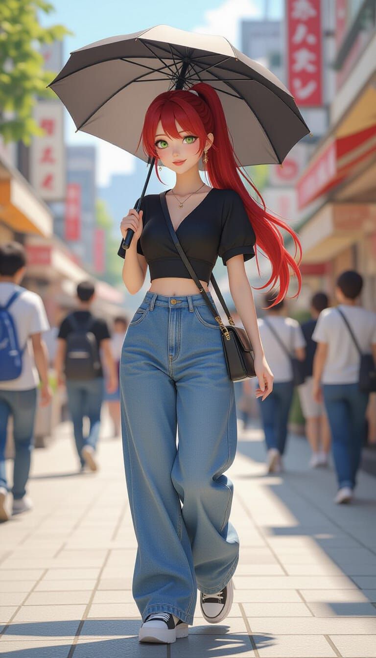 Cute Japanese Woman in Harajuku with Red Ponytail