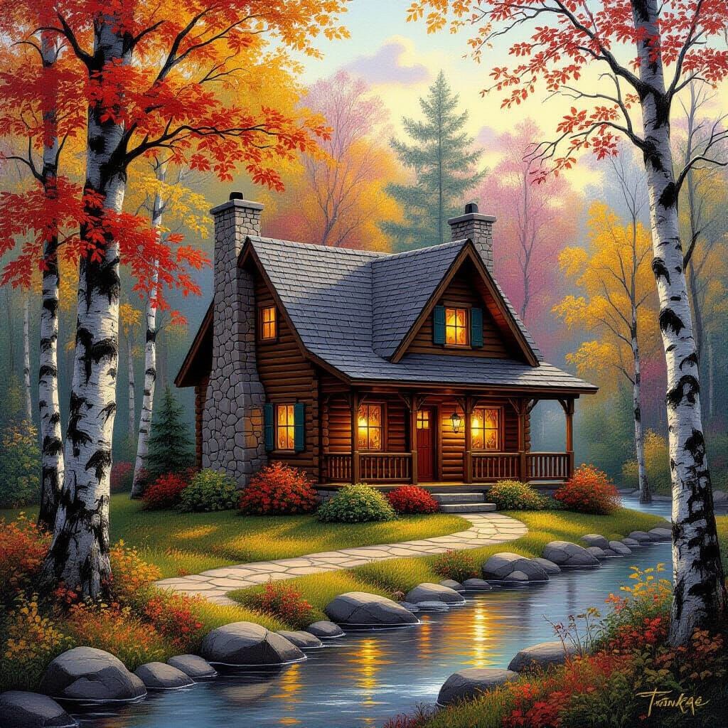 Cozy Cabin in Autumn Woods Oil Painting