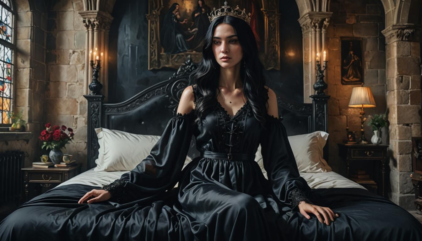 Gothic Queen in Castle Bedroom: Hyperrealistic Art