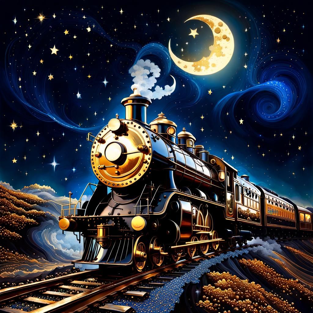 Silhouette of a Steam Train! Midnigh, crescent moon, starry ...