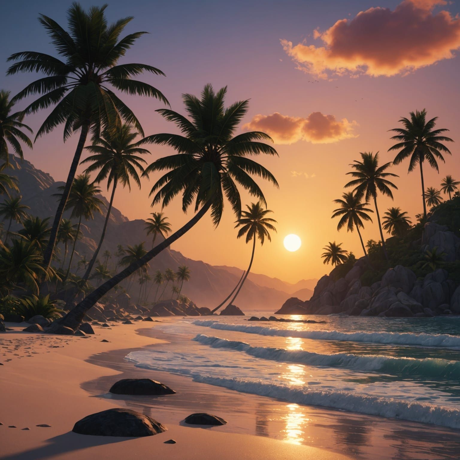 Sunset Beach with Mountains: Detailed Matte Painting