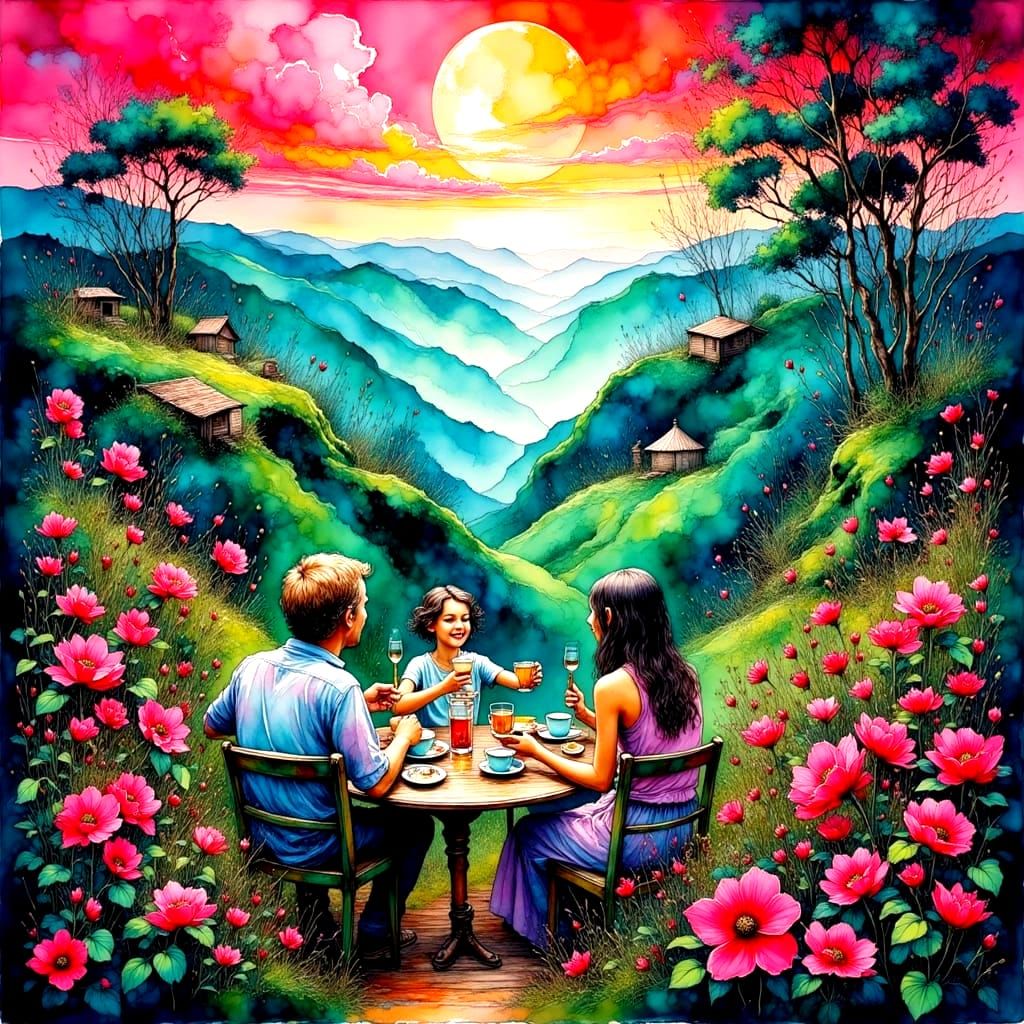 Impasto Painting of People Drinking Tea in Landscape