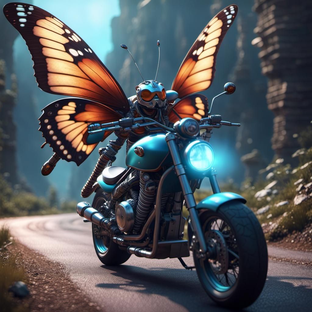 A picture of a butterfly riding a motorcycle in vaporware st...