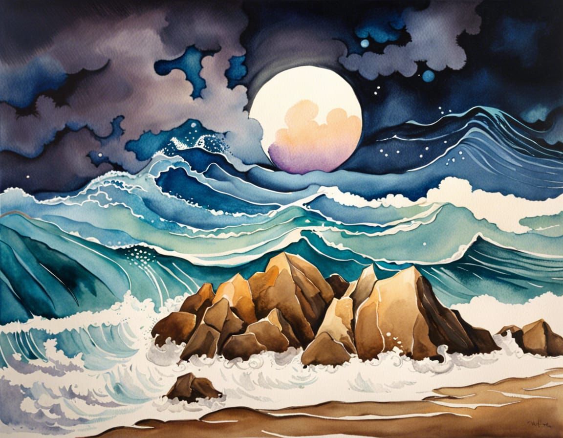 Night Ocean Waves: Watercolor Painting