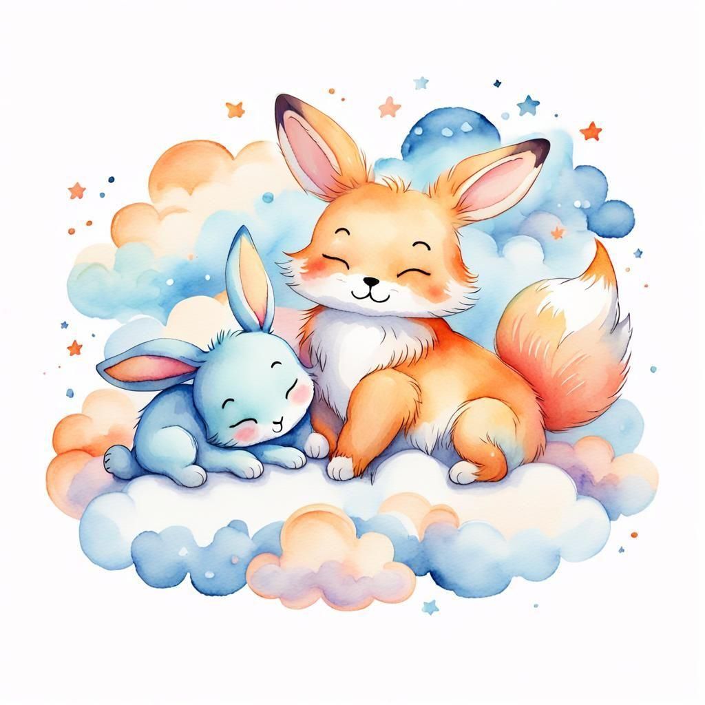 Kawaii Pastel Bunny and Fox Sleeping on Cloud