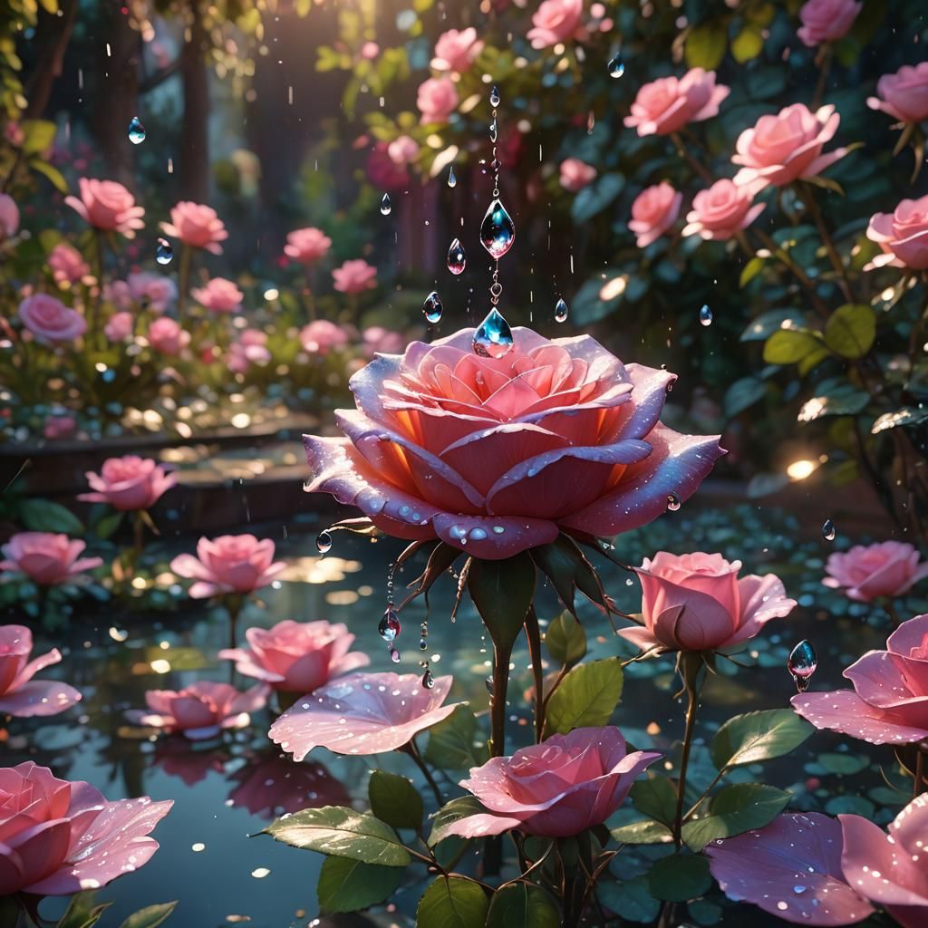 Luminous Rose Petal Droplet in a Vibrant Garden