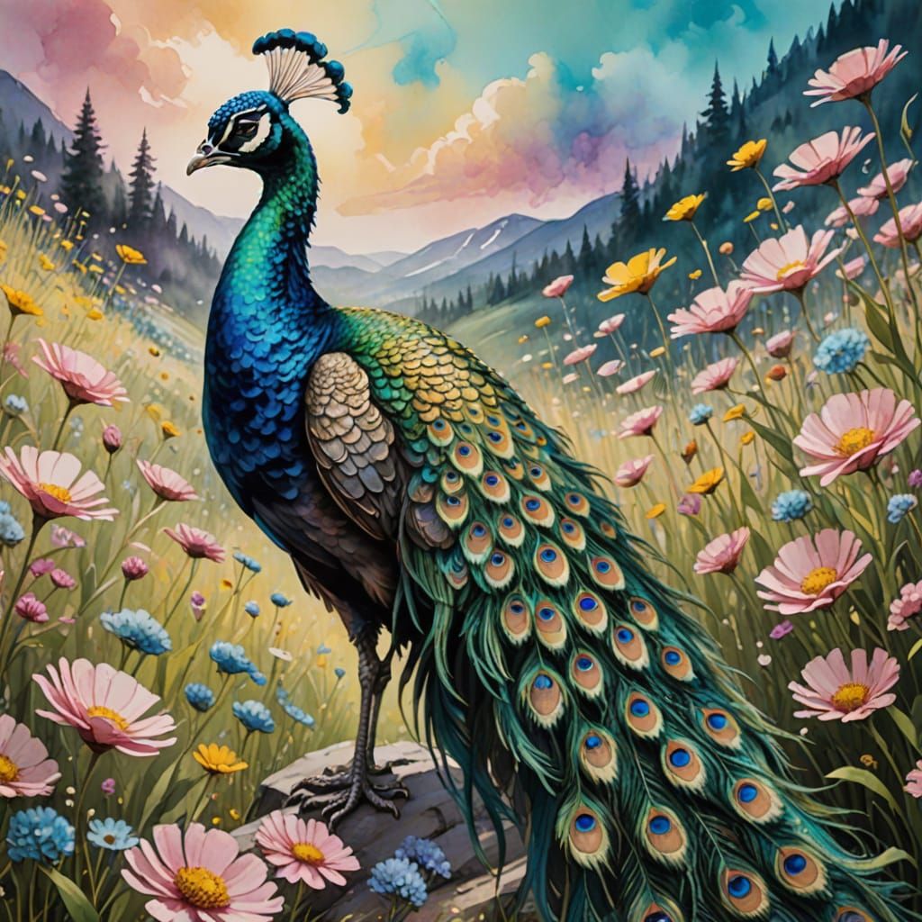 Majestic Peacock in Alcohol Ink Floral Art