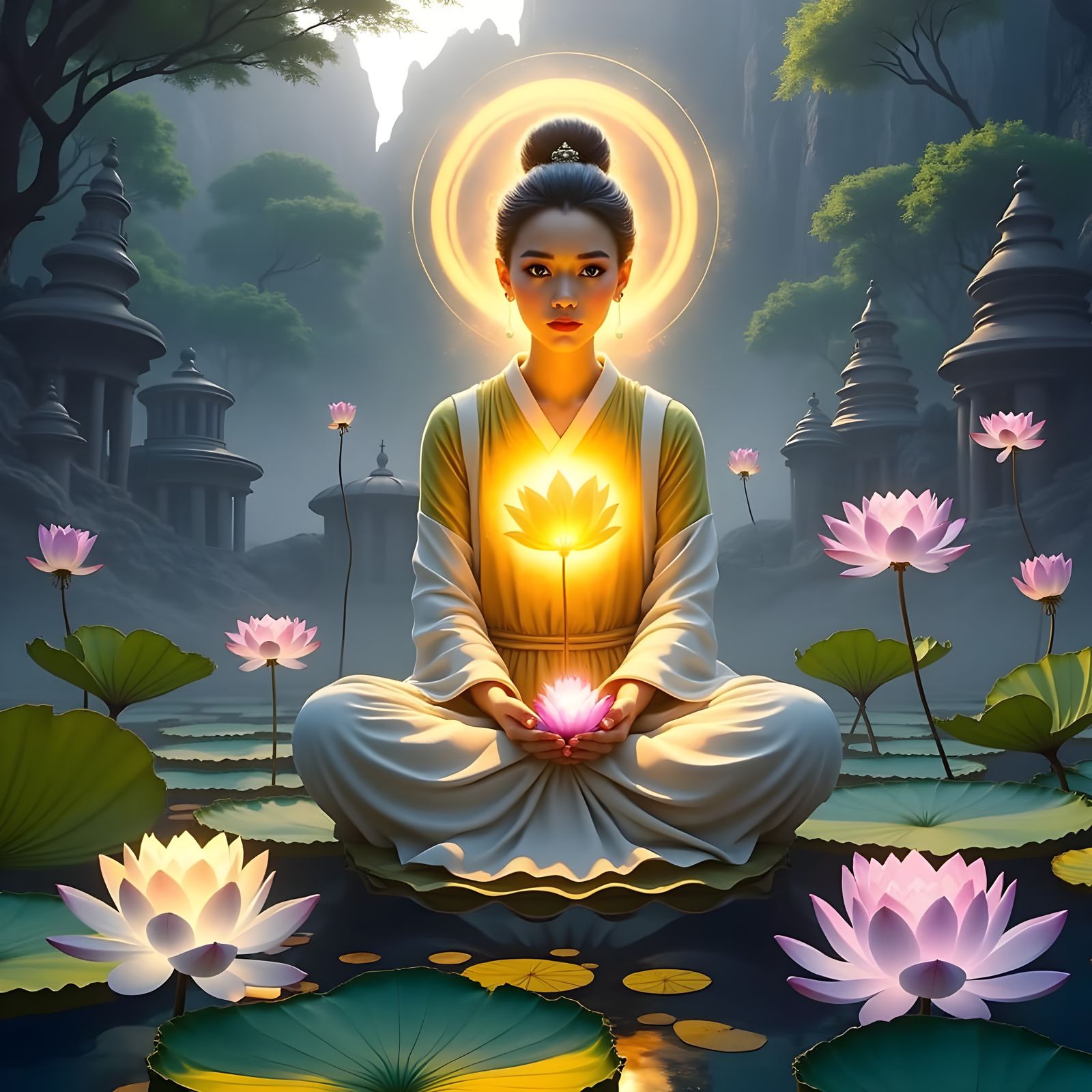 Vietnamese Maiden Holding a Glowing Lotus Flower