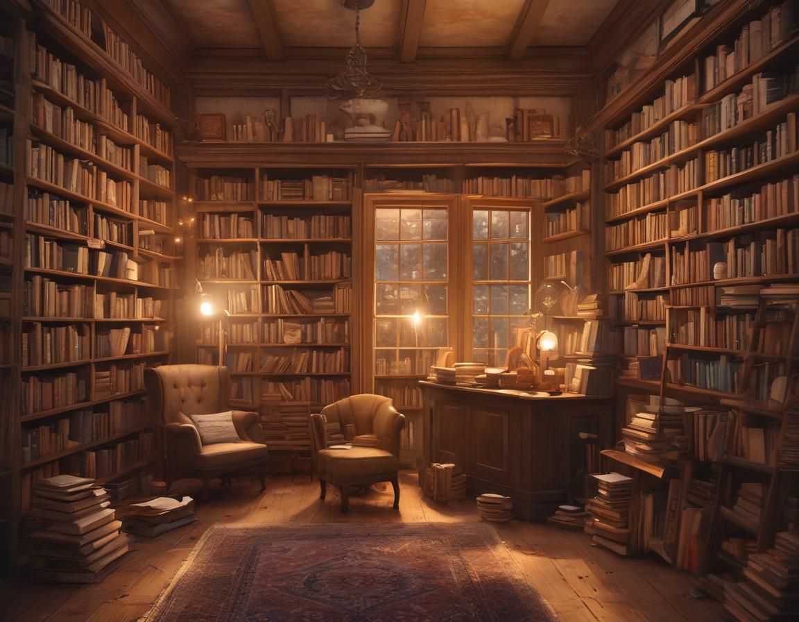 Whimsical Bookstore Scene with Golden Lighting and Warm Ambi...