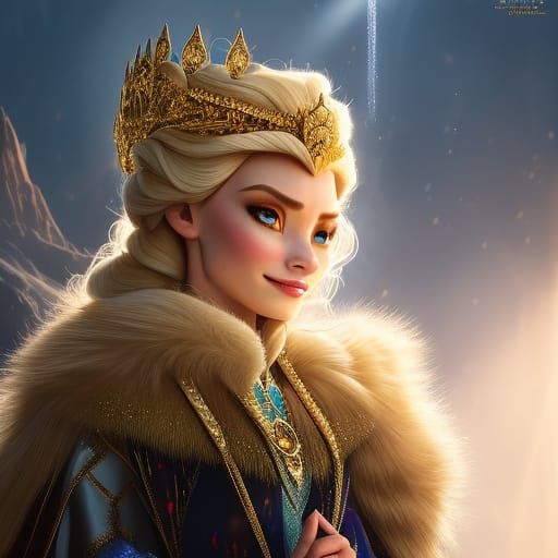 Queen Elsa on Throne with Golden Fur Cloak