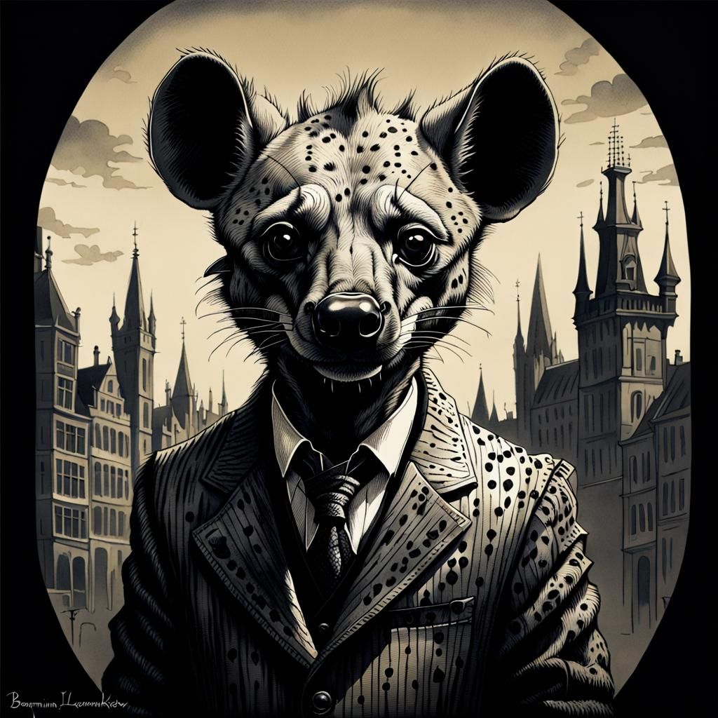 Anthropomorphic Hyena in Scratchboard Ink Style