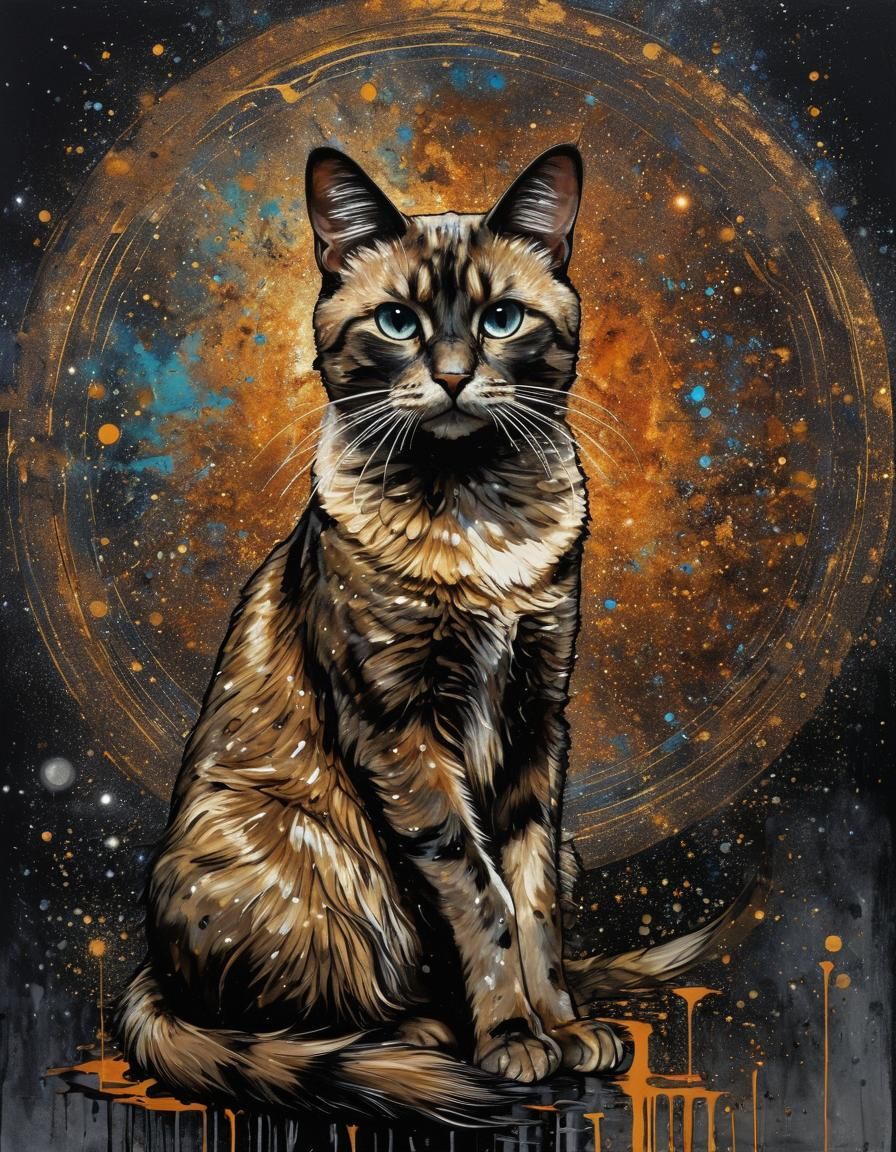 Psychedelic Tarot Siamese Cat in Space, Impasto Style