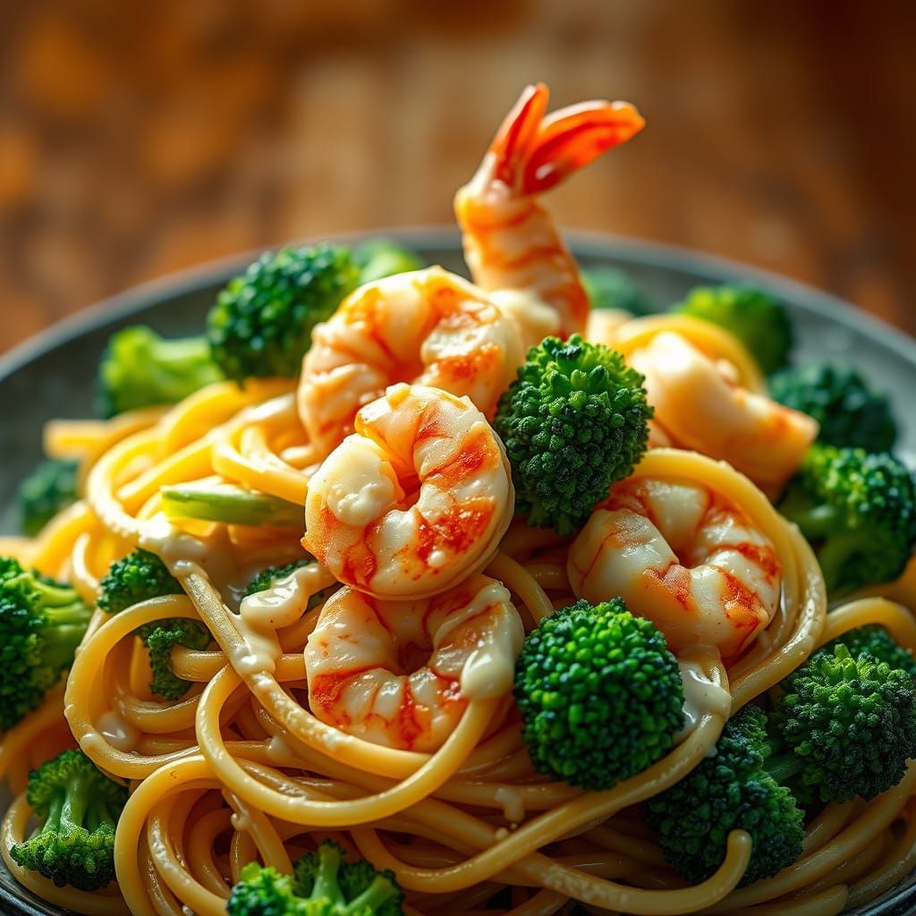 Fantastical Shrimp Alfredo with Broccoli and Fettuccine in D...