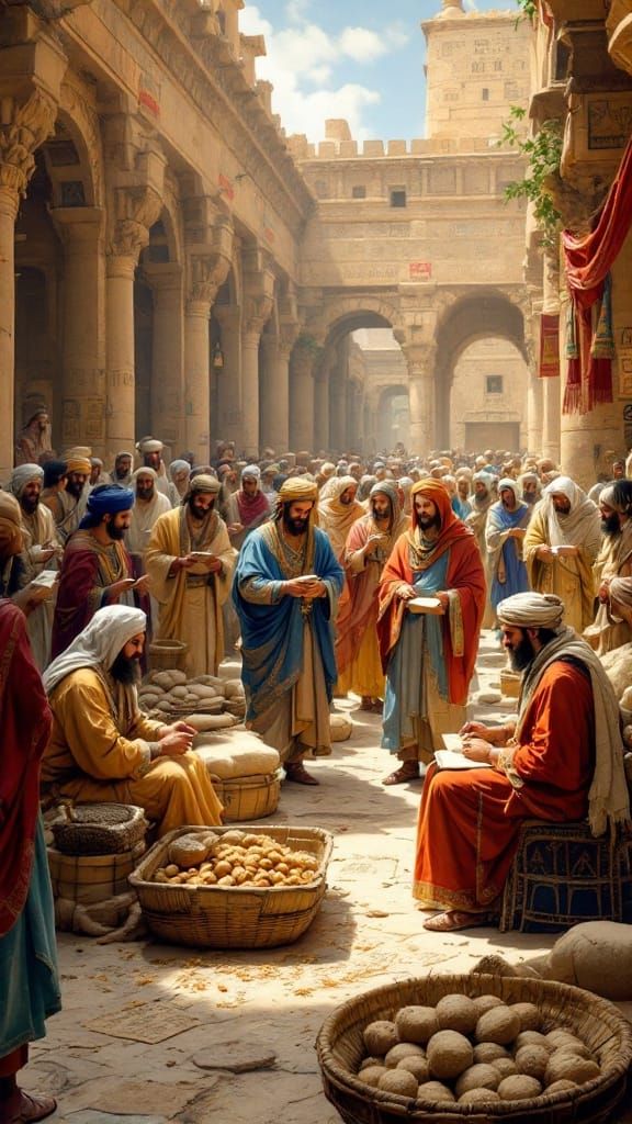 Babylon Marketplace Scene in Historical Illustration Style