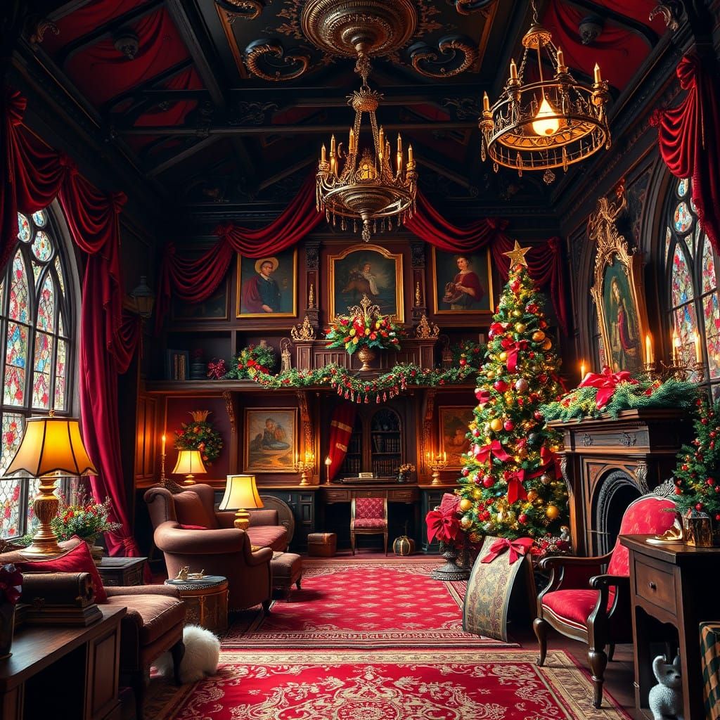 Luxurious Christmas Hogwarts Bedroom in Regal Gold and Red