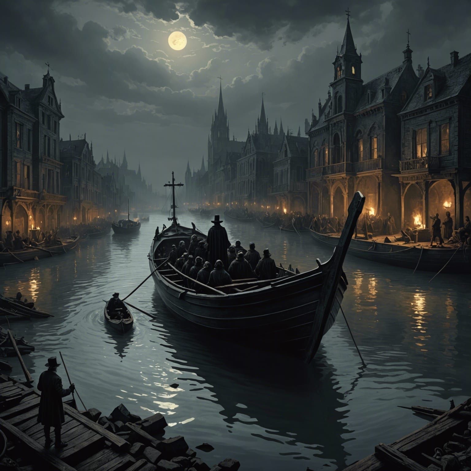 Funeral Boat on Hell's River: Horror Illustration